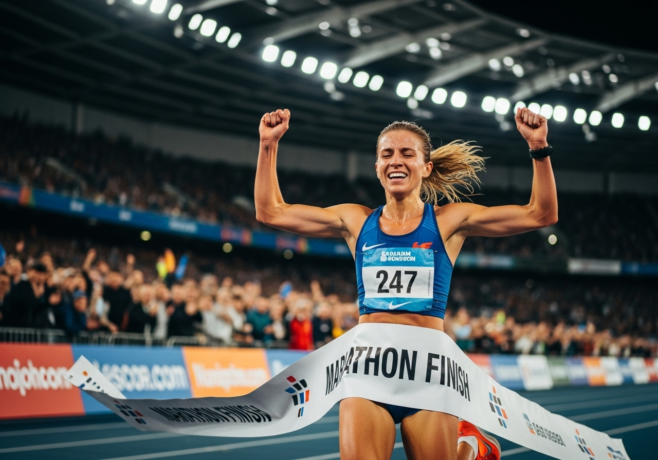 Coureur de marathon franchissant la ligne d'arrivée
